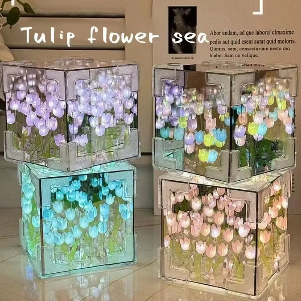 DIY Tulip Mirror Cube Lamp Simulation Flower Bedroom Sleeping Table Lamp Handmade Craft Tulip Mirror Night Light Birthday Gifts