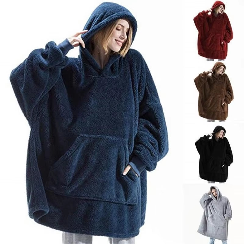 2024 Winter Women Double-Faced Fleece Hoodie Blanket Oversize Large Pocket Warm Couple Loose Sweatshirts Women and Men Robe