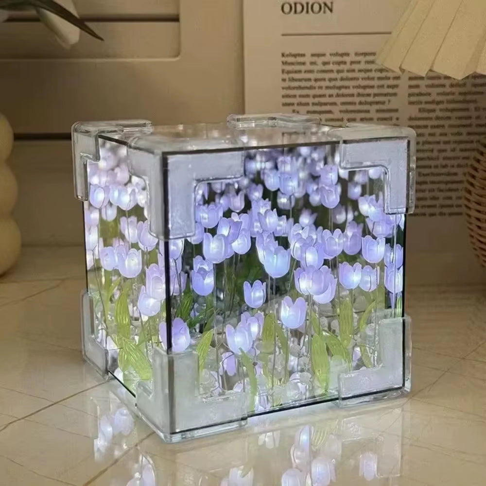 DIY Tulip Mirror Cube Lamp Simulation Flower Bedroom Sleeping Table Lamp Handmade Craft Tulip Mirror Night Light Birthday Gifts