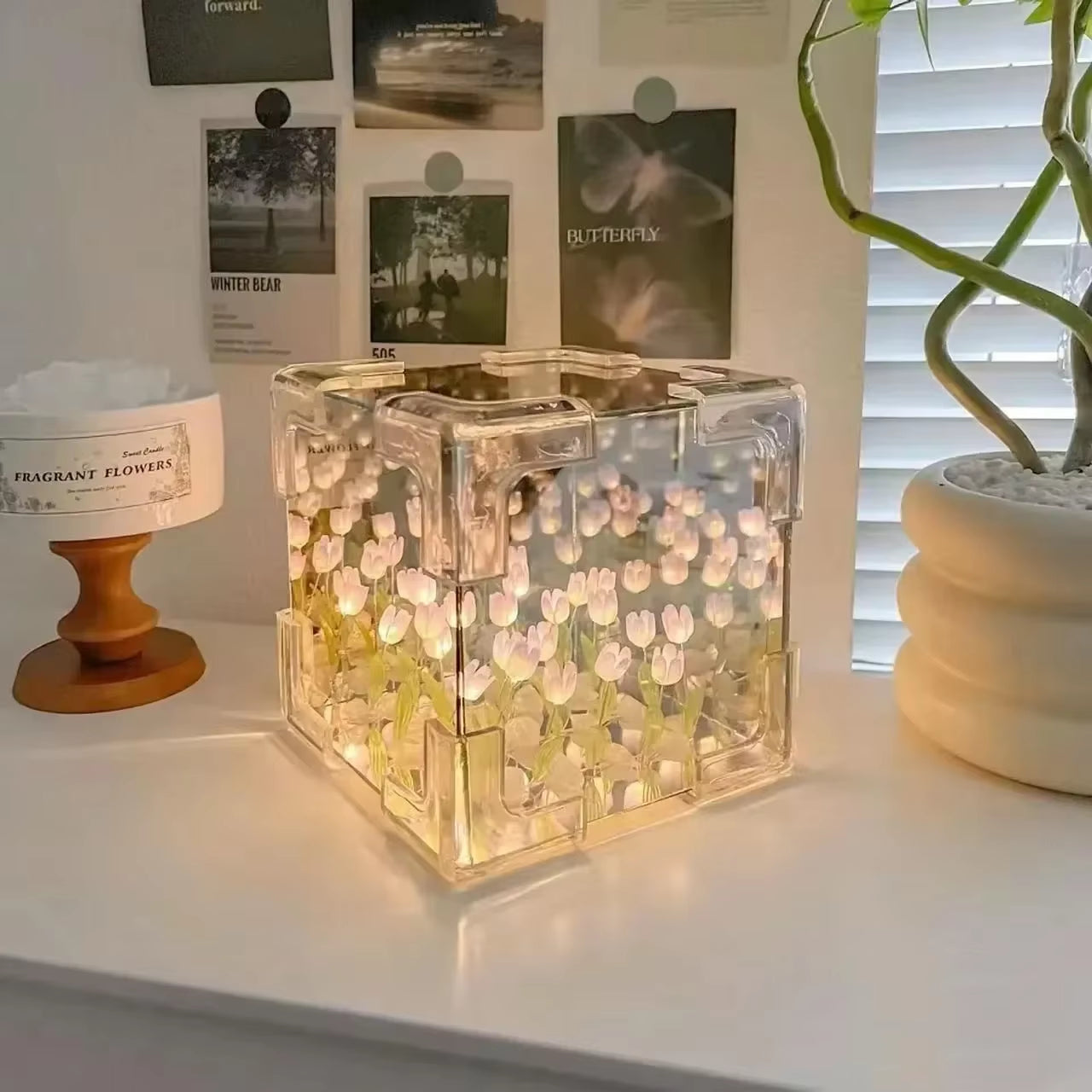 DIY Tulip Mirror Cube Lamp Simulation Flower Bedroom Sleeping Table Lamp Handmade Craft Tulip Mirror Night Light Birthday Gifts