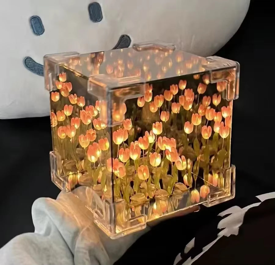 DIY Tulip Mirror Cube Lamp Simulation Flower Bedroom Sleeping Table Lamp Handmade Craft Tulip Mirror Night Light Birthday Gifts