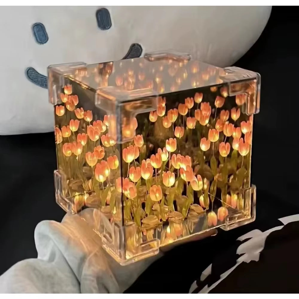 DIY Tulip Mirror Cube Lamp Simulation Flower Bedroom Sleeping Table Lamp Handmade Craft Tulip Mirror Night Light Birthday Gifts